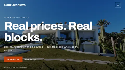 Thumbnail of the Bold theme: Sam Okonkwo’s agent website, Real prices. Real blocks.
